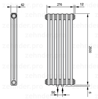Схема (чертеж) Радиатор Zehnder Charleston 2250/6 №5410 Белый глянцевый RAL 9016
